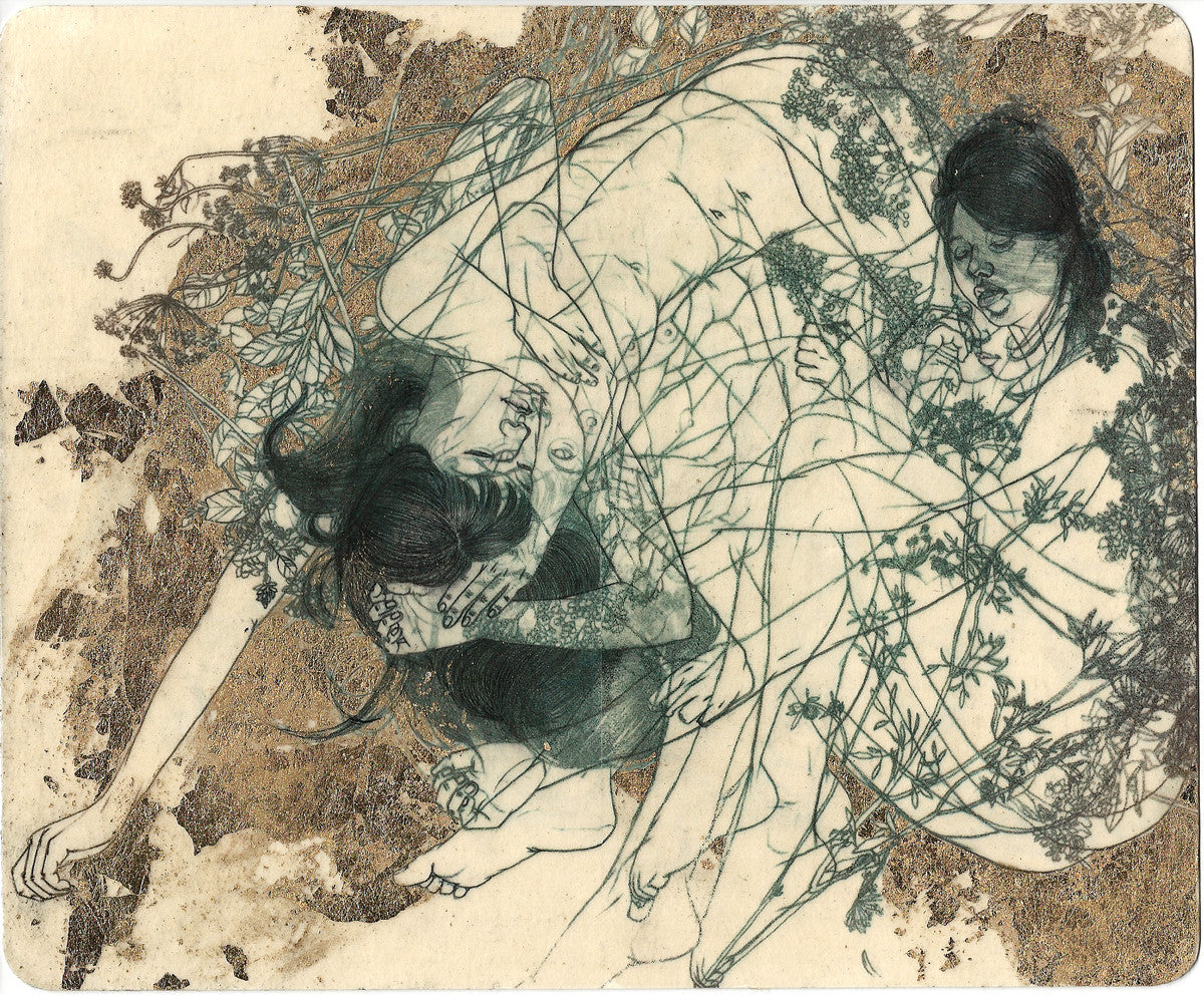 An intricate mixed media piece by Christine Wu shows two intertwined figures among leafy plants. Delicate linework and muted earthy tones, with hints of gold leaf, accentuate the compositions intimacy. Faces partially obscured in foliage reflect Wus signature style.