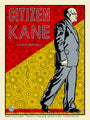 Limited edition Citizen Kane stylized poster by Chuck Sperry. This silk screen print features a thoughtful man in a suit against a retro red and yellow geometric backdrop, with bold red CITIZEN KANE text at the top.