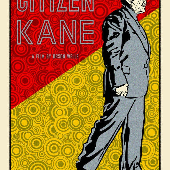 Limited edition Citizen Kane stylized poster by Chuck Sperry. This silk screen print features a thoughtful man in a suit against a retro red and yellow geometric backdrop, with bold red CITIZEN KANE text at the top.