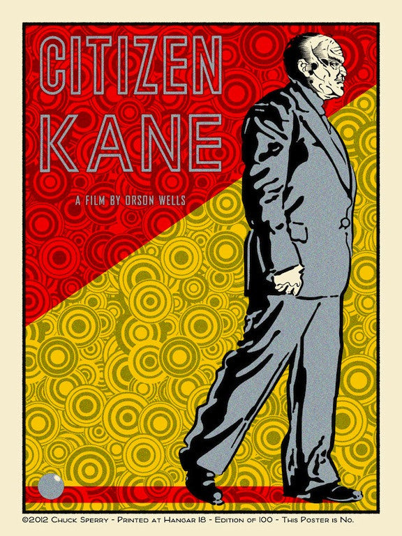 Limited edition Citizen Kane stylized poster by Chuck Sperry. This silk screen print features a thoughtful man in a suit against a retro red and yellow geometric backdrop, with bold red CITIZEN KANE text at the top.