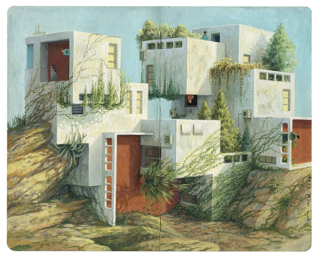Inspired by Cinta Vidal, this surreal illustration features interconnected white buildings with lush plants. Stacked on rocky terrain, the whimsical angles form an imaginative architectural scene reminiscent of a lively Moleskine exhibit.