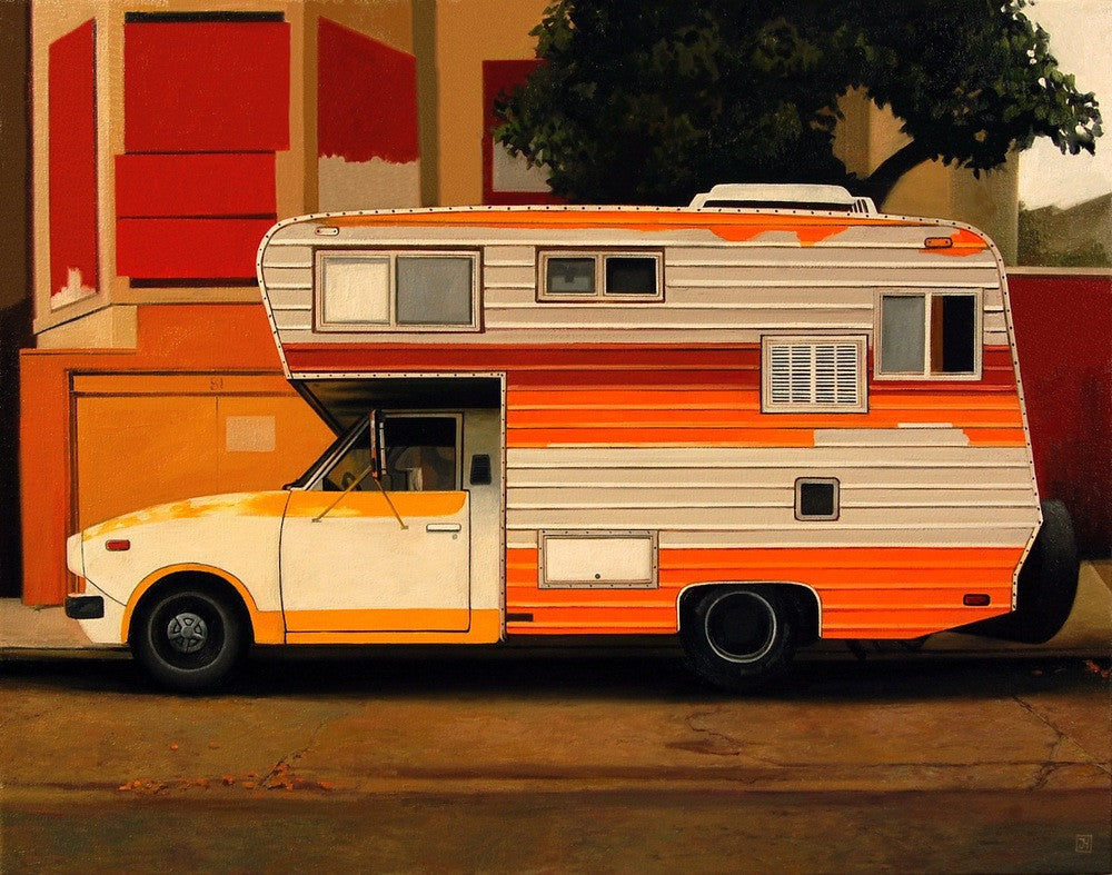 A retro Citrus Camper, with horizontal stripes and a raised cabin reminiscent of Jessica Hesss oil on canvas art, is parked against red and beige walls and lush green leaves.