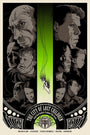 Joshua Budichs Screen print for The City of Lost Children in the Castro Theatre x Spoke Art series showcases illustrated green and black faces. A small girl in a green dress is lowered by a rope, capturing the essence of the film. Event details are provided at the bottom.