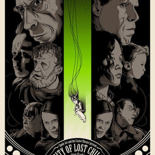 Joshua Budichs Screen print for The City of Lost Children in the Castro Theatre x Spoke Art series showcases illustrated green and black faces. A small girl in a green dress is lowered by a rope, capturing the essence of the film. Event details are provided at the bottom.