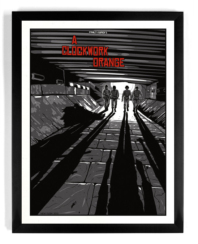 New Fleshs poster for A Clockwork Orange showcases three silhouetted figures in a tunnel with long shadows. The title appears in bold red at the top. This signed, numbered screen print artwork is framed in black and crafted with metallic inks for a striking effect.