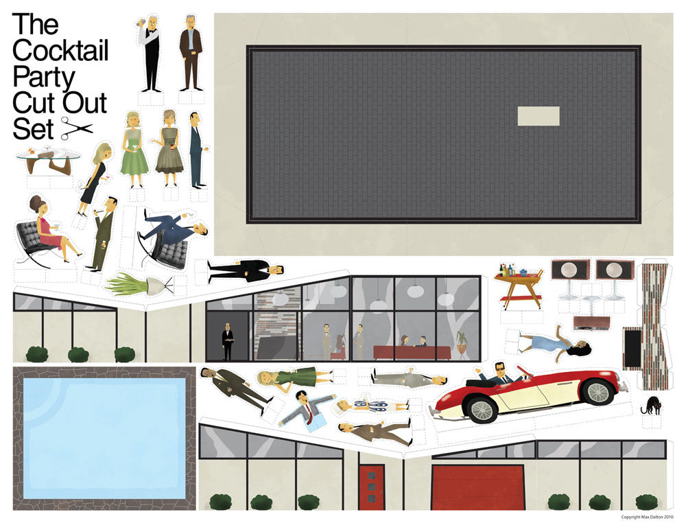 Max Daltons Cocktail Party Cut Out Set includes custom paper cutouts of people, a red convertible, and furniture. It features a house floor plan with a living area and pool for creative placement of items on the layout.