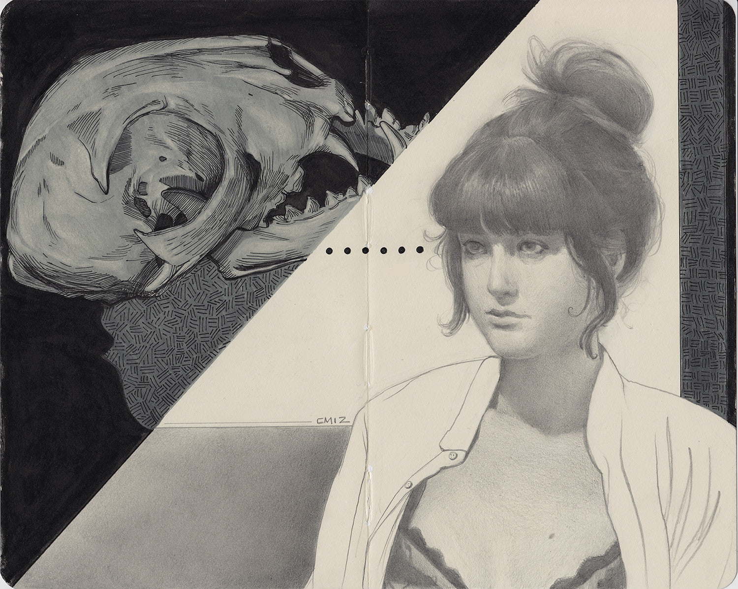 Cody Miles monochrome illustration, resembling a Moleskine sketch, shows a woman with a bun in deep thought. She wears a partially unbuttoned shirt over a top, while the dark background features a skull, adding surrealism to this graphite and ink artwork.