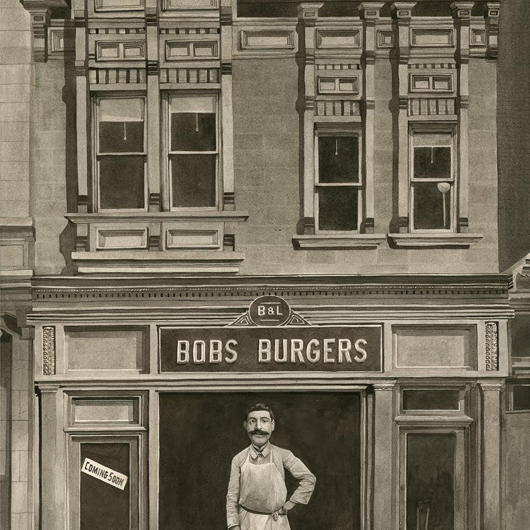 Conor Langtons monochrome illustration features a man in an apron outside Bobs Burgers, reminiscent of Ocean Avenue 1932. The ornate, vintage architecture suggests an upcoming Bobs Burgers art show with a Coming Soon sign in the window.