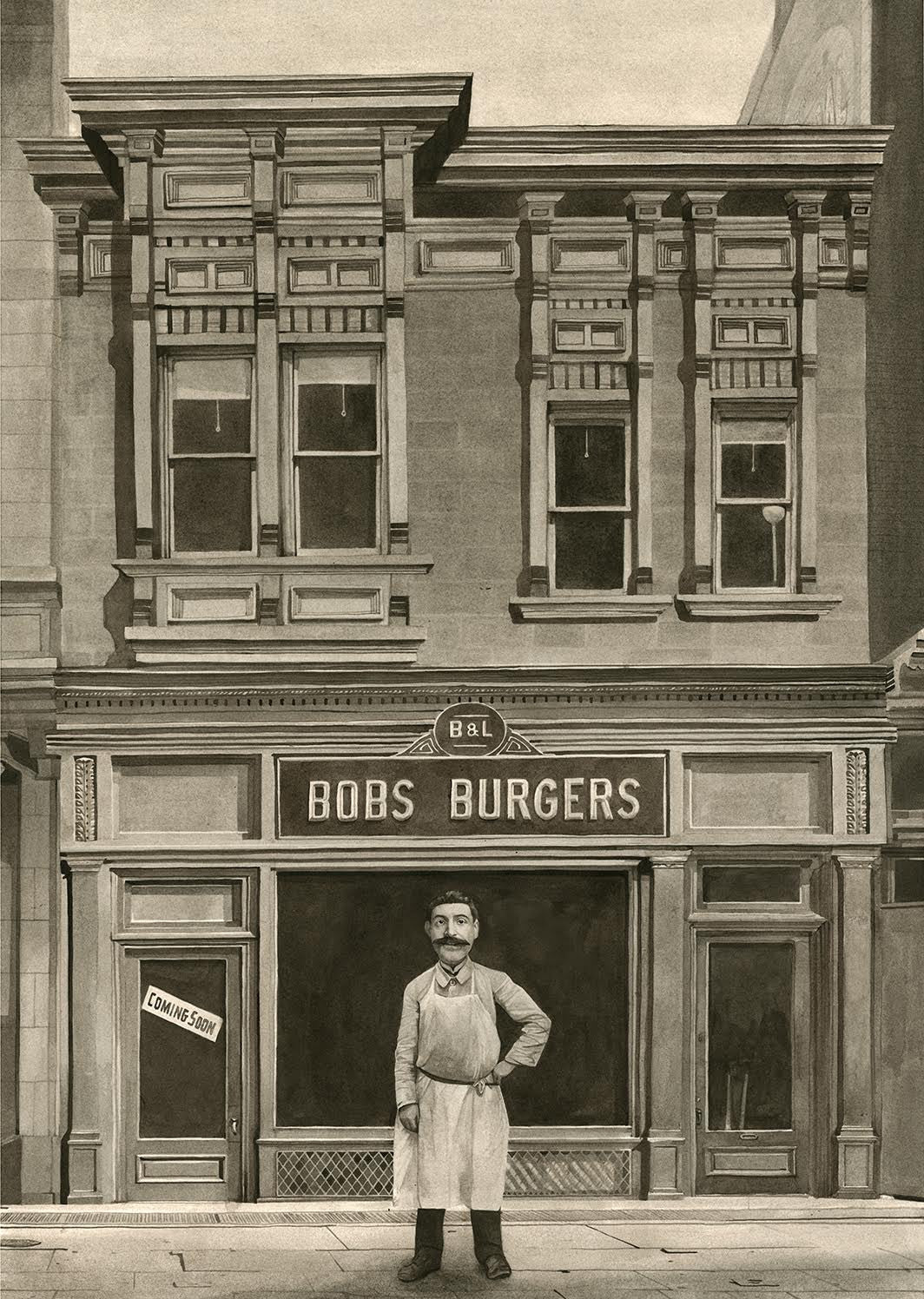 Conor Langtons monochrome illustration features a man in an apron outside Bobs Burgers, reminiscent of Ocean Avenue 1932. The ornate, vintage architecture suggests an upcoming Bobs Burgers art show with a Coming Soon sign in the window.