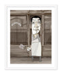 Conor Langtons exclusive archival pigment print features a surreal monochrome illustration of a person in a white apron holding a meat cleaver before a DELICATESSEN shop window. Limited to just 30 copies.