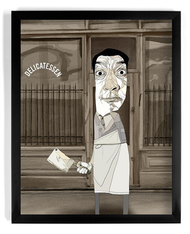 Conor Langtons illustration features a man with exaggerated features holding a cleaver in front of a Delicatessen storefront. His textured face and dark attire add intrigue. Available as an exclusive edition of 30 archival pigment prints.