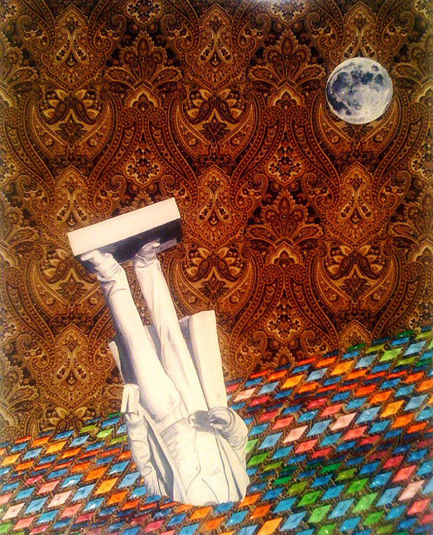 A surreal David Cooley-like collage features a person in a white suit upside down on a multicolored geometric surface, with ornate brown wallpaper and a moon in the top right corner, creating an atmosphere of cosmic humor.