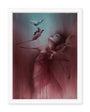 A Craww surreal artwork features a figure in translucent red fabric, looking upward while holding a delicate white bird on an extended finger. It is set against a muted red and blue background. This limited edition piece is available as an archival pigment print.