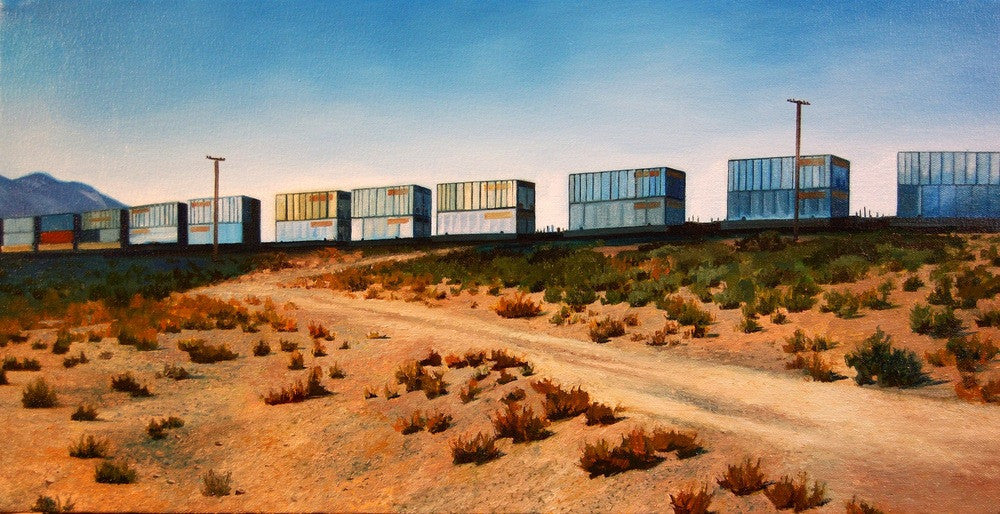 Jessica Hesss oil on canvas captures train cargo containers on a desert railway under a blue sky. The sandy foreground, dotted with shrubs and utility poles, leads to majestic mountains in the distance, reminiscent of works often showcased at Spoke Art Gallery.
