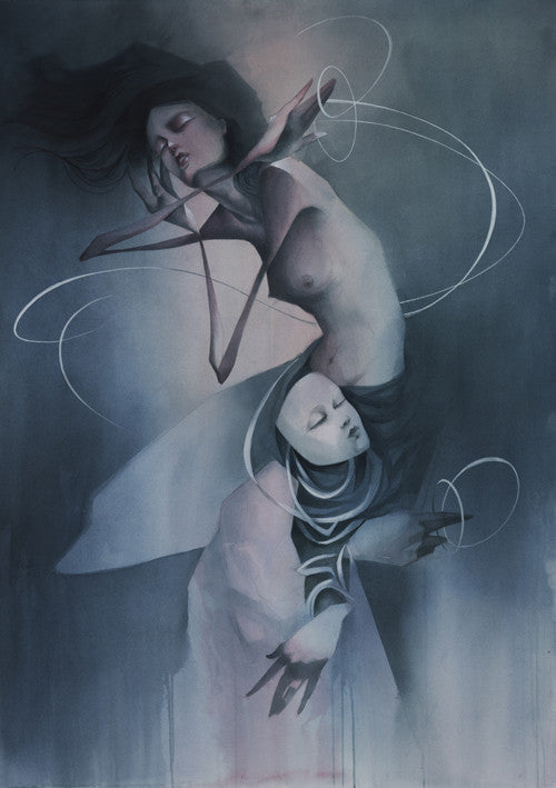 Curious Idolatry, a surreal acrylic painting by Craww, features two abstract intertwined figures. The flowing-haired one appears to float while the bald figure wraps around it. Soft swirling lines and muted colors create an ethereal atmosphere, ideal for custom framing.