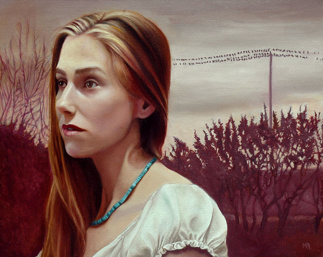 This Michael Ramstead oil on canvas features a woman with long hair in a white top and turquoise necklace, gazing sideways. Trees and birds on power lines against a cloudy sky form the backdrop, echoing styles seen at Spoke Art Gallery.
