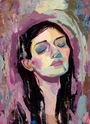 This vibrant abstract painting by Rich Pellegrino, created with acrylic on board, depicts a person with long dark hair and closed eyes. The expressive background brushstrokes in purples, pinks, and earth tones enhance its dreamy atmosphere as a highlight at Spoke Art Gallery.