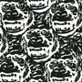 Steve Seeleys signature style is showcased in an abstract pattern of overlapping black gorilla faces on a white background, featuring expressive eyes and prominent noses that create a striking, repetitive design reminiscent of his acrylic on panel artwork.