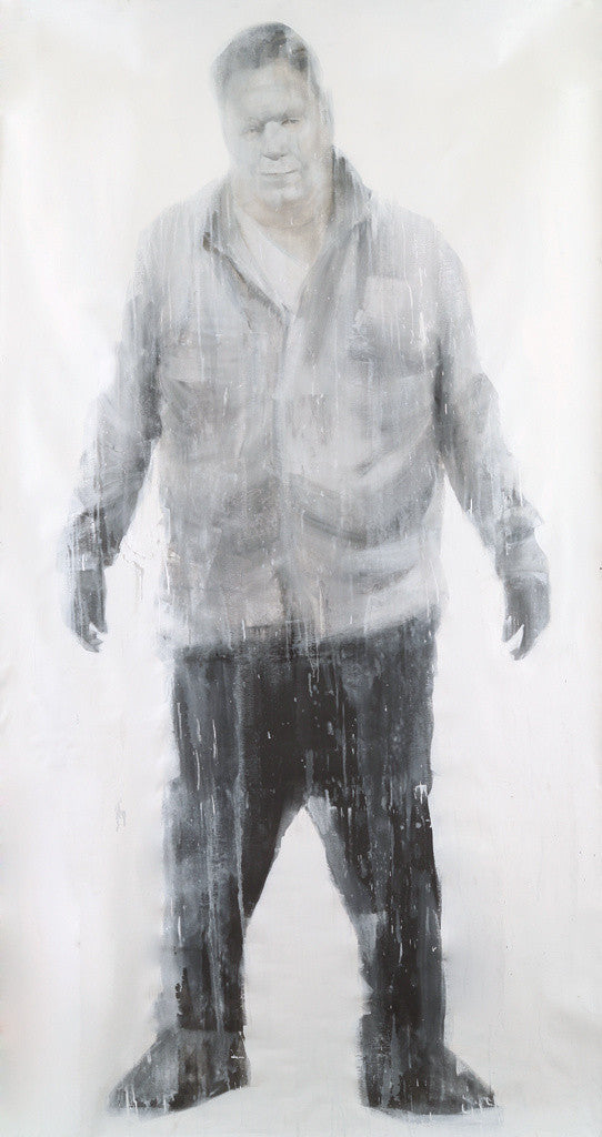 An oil on canvas by Brett Amory portrays an individual standing with arms apart, featuring monochromatic tones of white and gray. This artwork incorporates a drip effect and blurred details to convey movement and abstraction.