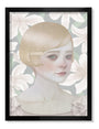 A framed archival pigment print by Hsiao Ron Cheng shows a woman with short blond hair and a hairpin, surrounded by large white flowers, wearing a light dress and a calm expression.