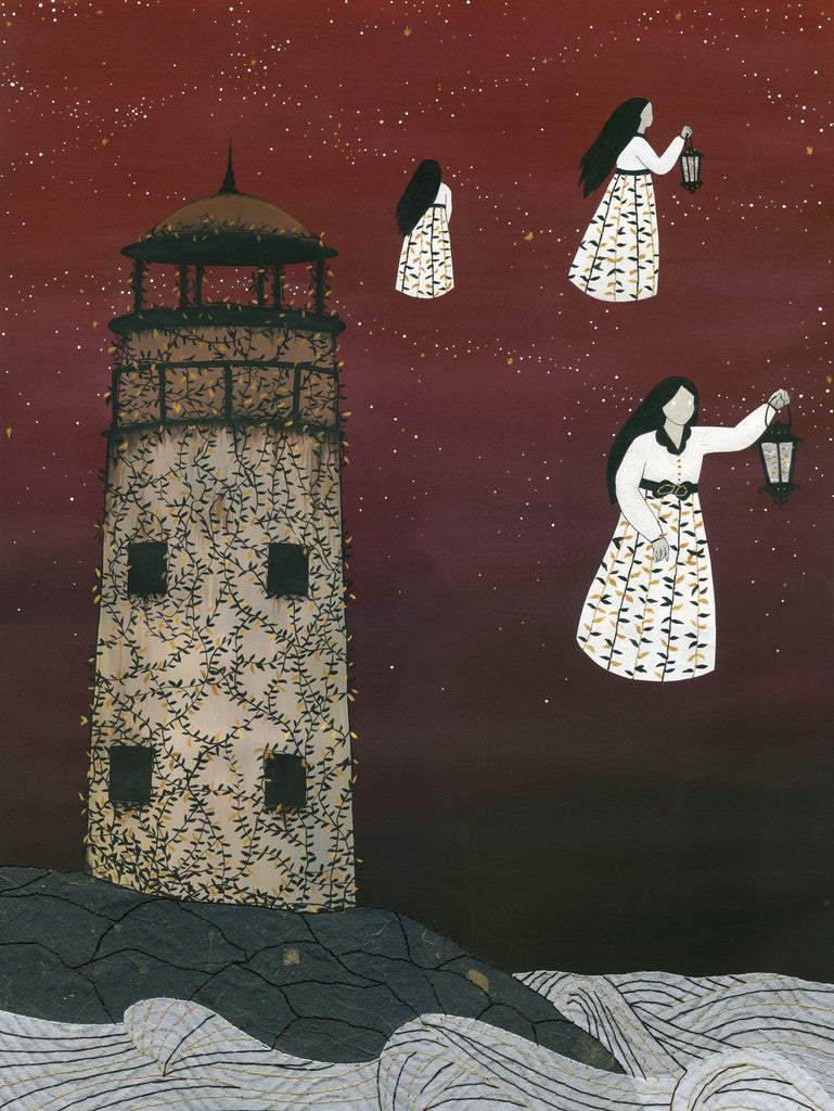 Dan-ah Kim presents an illustration of a lighthouse on a rocky shore under a starry sky. It features three women in patterned dresses floating dreamlike with lanterns as Keepers of the Light. Against the dark red backdrop, waves crash against the rocks, reminiscent of mixed media artistry.