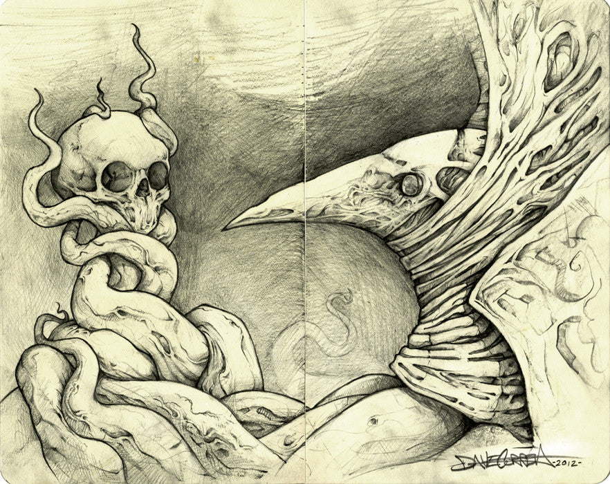 Dave Correias surreal Moleskine pencil drawing shows a skull entwined with snake-like tendrils on the left, facing a figure with a bird-like mask and textured cloak on the right. A dark background enhances its eerie, trophy-like mood.