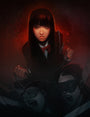 This digital artwork, in Dave Grecos signature style, features a character with long dark hair and a red bow tie holding chains that bind three masked figures. The dark background and red glow intensify the atmosphere, capturing Gogos surreal vision.