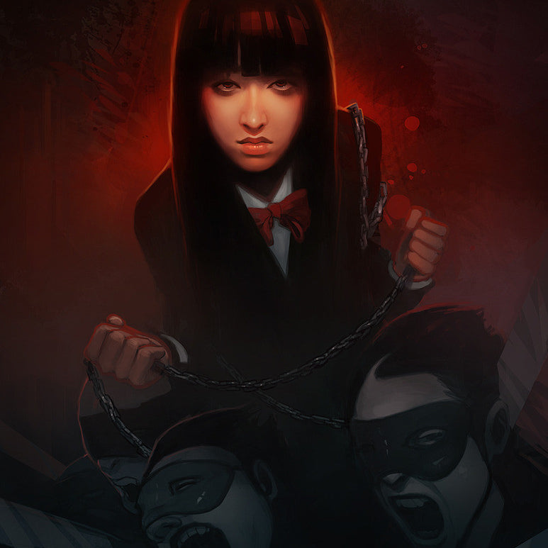 This digital artwork, in Dave Grecos signature style, features a character with long dark hair and a red bow tie holding chains that bind three masked figures. The dark background and red glow intensify the atmosphere, capturing Gogos surreal vision.