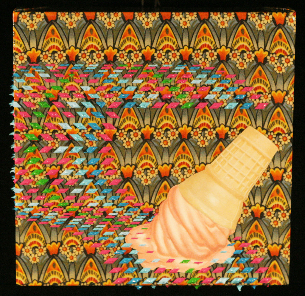 A melting ice cream cone, presented by David Cooley, is set against a vibrant geometric background. The acrylic art-inspired scene features colorful abstract patterns with swirling pinks, blues, greens, and oranges.