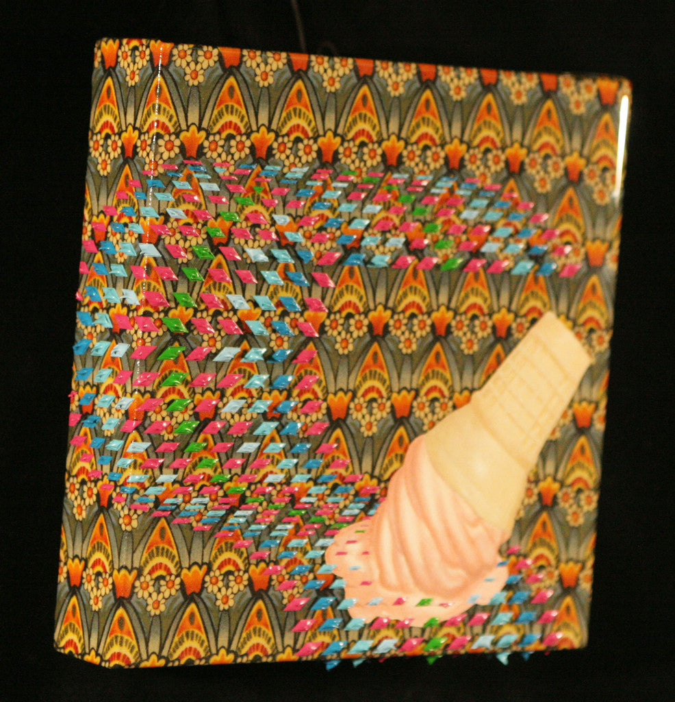 A 3D art piece by David Cooley showcases a vibrant, textured background with floral patterns. It features a vanilla soft-serve ice cream cone, crafted in acrylic art, seemingly blending into the intricate backdrop.