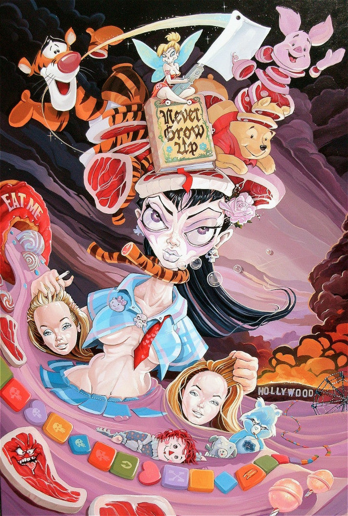 Dave MacDowells surreal acrylic painting depicts a person in a colorful hat surrounded by classic childrens tale characters. It features playful chaos with toys, a Never Grow Up sign, and a whimsical, dreamlike backdrop that evokes an alternate reality.