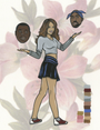Acrylic illustration by Steve Seeley shows a woman in a gray top and black skirt balancing two mens heads, set against a floral-patterned background with a color palette swatch at the lower right.