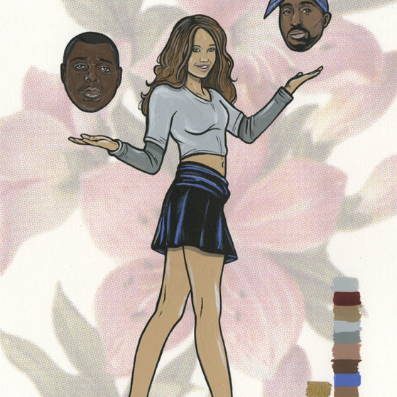 Acrylic illustration by Steve Seeley shows a woman in a gray top and black skirt balancing two mens heads, set against a floral-patterned background with a color palette swatch at the lower right.