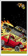 In Tim Doyles vivid screen print, a fiery crash depicts a red Chevy Nova colliding with a black car amid roaring flames and flying debris, while above the chaos, a person clutching money is flung into the air against a stark black background.