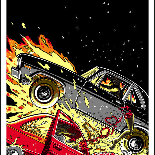 In Tim Doyles vivid screen print, a fiery crash depicts a red Chevy Nova colliding with a black car amid roaring flames and flying debris, while above the chaos, a person clutching money is flung into the air against a stark black background.