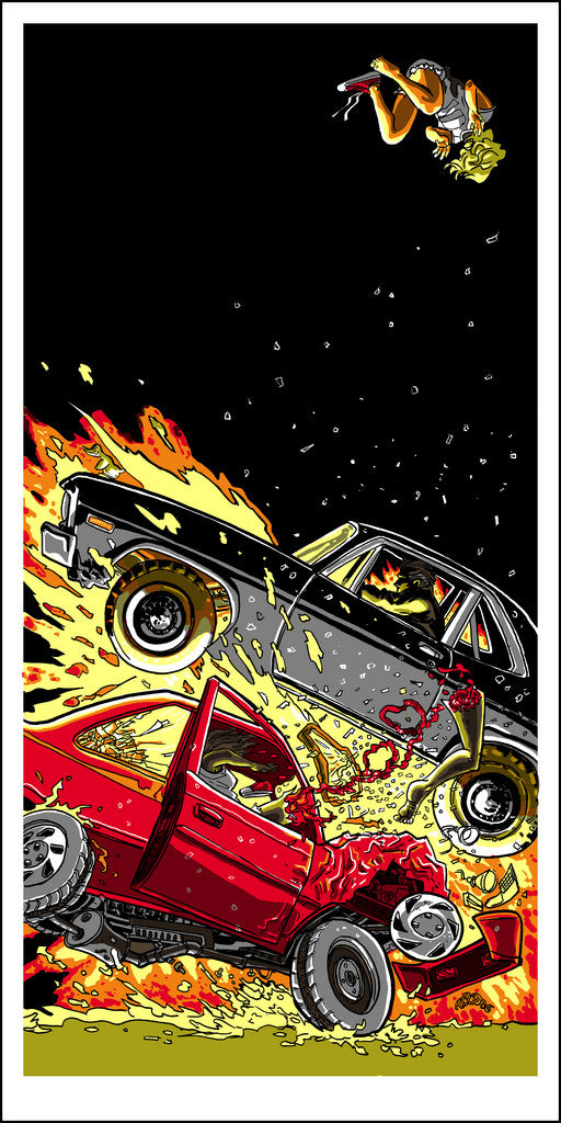 In Tim Doyles vivid screen print, a fiery crash depicts a red Chevy Nova colliding with a black car amid roaring flames and flying debris, while above the chaos, a person clutching money is flung into the air against a stark black background.