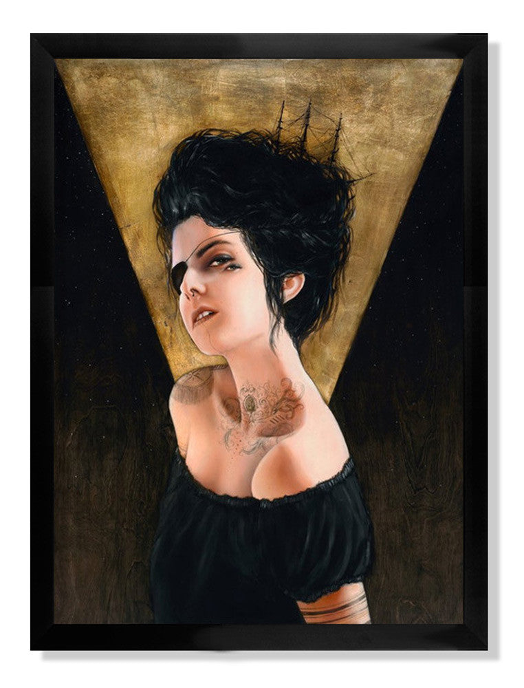 The Charmaine Olivia painting, Delphine, showcases a dark-haired woman with shoulder tattoos in a black off-shoulder top. The backdrop features a triangle with a ship on the horizon. This archival pigment print is elegantly framed in black.