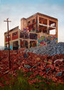 A dilapidated, graffiti-covered building with broken windows stands amidst scattered bricks, awaiting Demolition Day. A utility pole and greenery peeking through the debris create a scene reminiscent of a Jessica Hess oil on canvas.