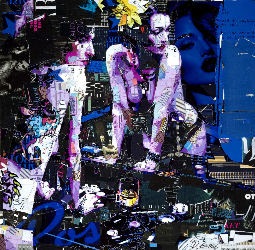 A vibrant collage on canvas by Derek Gores features abstract female figures in purple and white, surrounded by text fragments and magazine cutouts. The dark-hued background with random graphics creates a chaotic atmosphere ideal for any art gallery.
