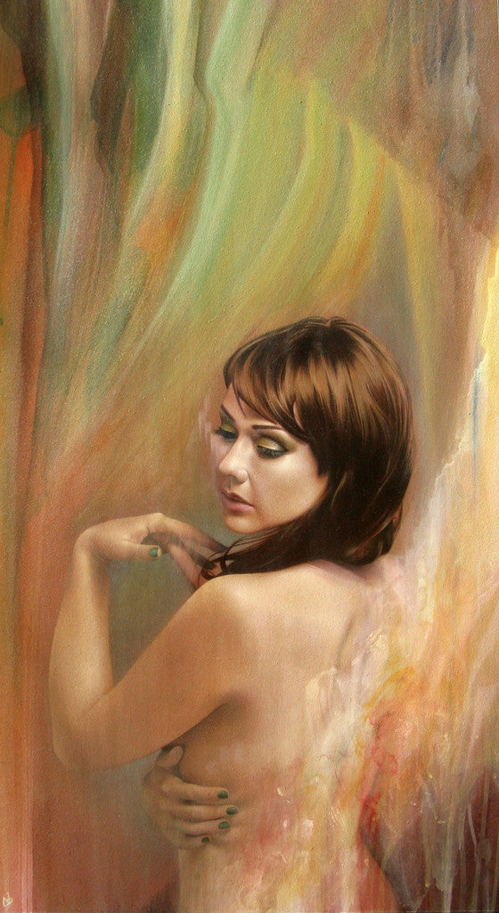 Nathan DeYoungs Sheltered Layers collection features a surreal acrylic painting of a brown-haired woman, her back partly turned as she looks downward. Abstract patterns swirl around her, and her hand gently touches her shoulder against a backdrop of warmly blended colors.