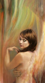 Nathan DeYoungs Sheltered Layers collection features a surreal acrylic painting of a brown-haired woman, her back partly turned as she looks downward. Abstract patterns swirl around her, and her hand gently touches her shoulder against a backdrop of warmly blended colors.