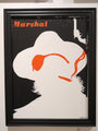 A silhouette of a person in a hat and eyepatch, set against black, illustrates Evanimals striking style. An orange Marshal at the top left and a revolver above evoke Spoke Art Gallery showcases.