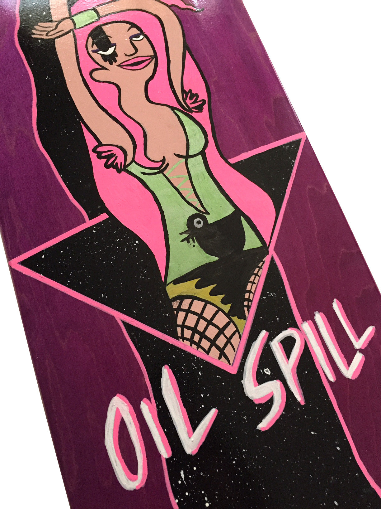 In a vibrant illustration exuding a Bobs Burgers art show vibe, Dominic Nico Guidote features a smiling woman with long hair and fishnet stockings posing inside a pink triangle, holding a fish against a striking purple backdrop boldly displaying the text OIL SPILL below her.