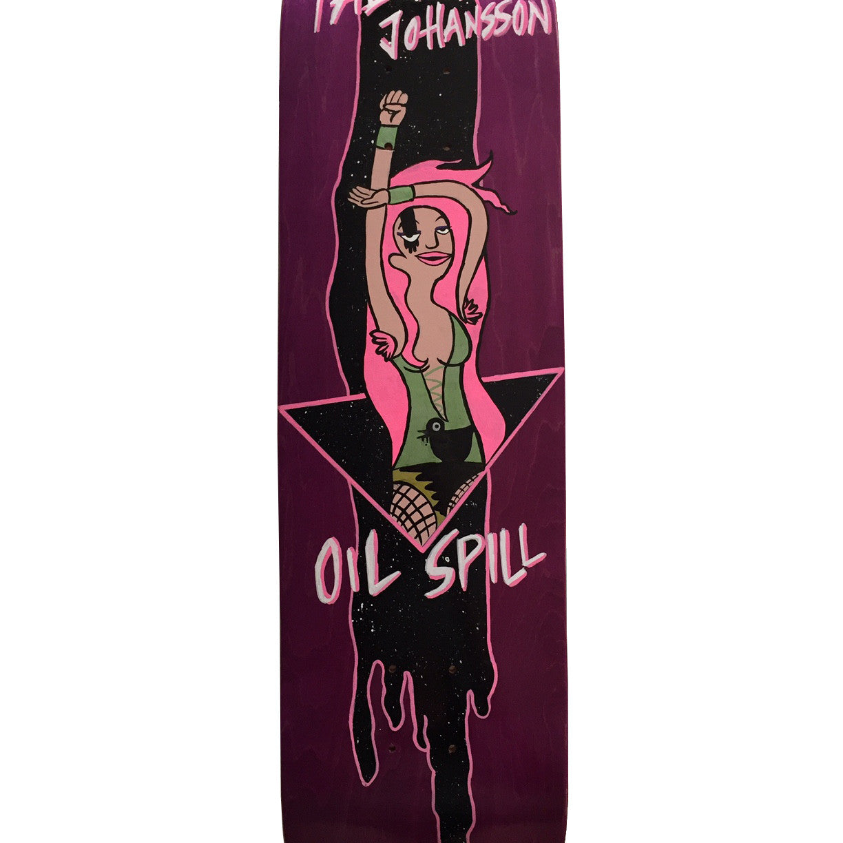Skateboard deck by Dominic Nico Guidote showcasing a cartoon character with pink hair and punk style, inspired by Bobs Burgers art. The character stands on a dark oil spill backdrop with the text Tabitha Johanssen Oil Spill.