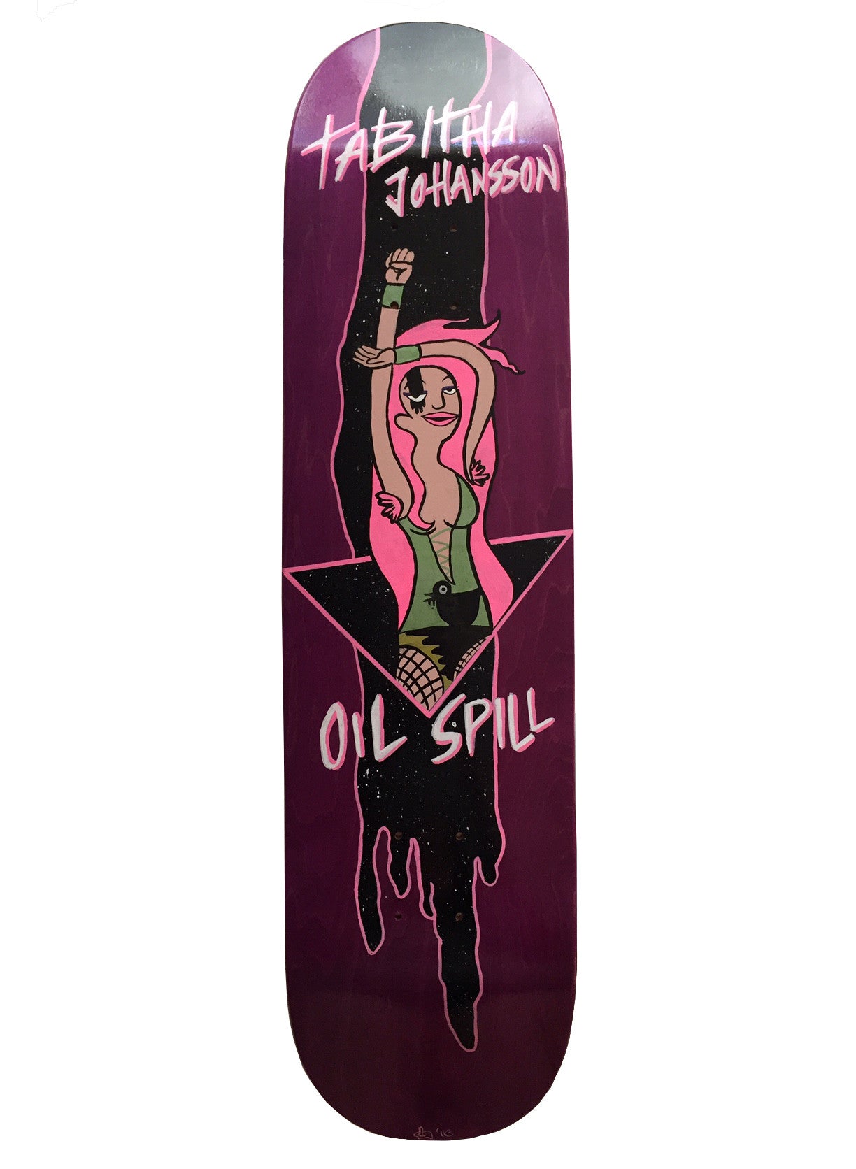 Skateboard deck by Dominic Nico Guidote showcasing a cartoon character with pink hair and punk style, inspired by Bobs Burgers art. The character stands on a dark oil spill backdrop with the text Tabitha Johanssen Oil Spill.