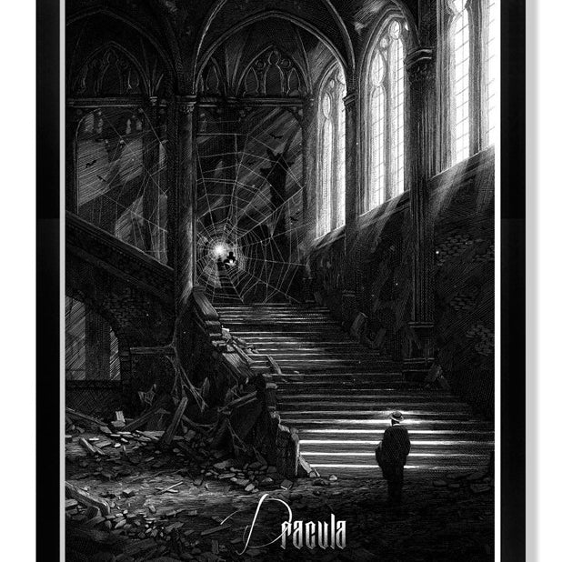 A solitary figure stands by a grand, worn staircase in a dim gothic space reminiscent of Draculas home. Sunlight through arched windows casts shadows on the debris-strewn floor, while an intricate spider web with a bat hovers above the stairs. Art by Nicolas Delort.