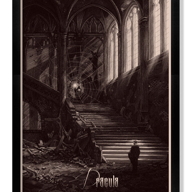 A limited edition screen print by Nicolas Delort shows a man in hat and coat standing at the base of a crumbling gothic staircase. Light from tall arched windows illuminates debris, a large spider web, and the title Dracula.