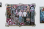 Serge Gay Jr.s acrylic on canvas captures two men holding hands amid eclectic elements like a zebra, pink tentacles, and a rainbow. Mannequins and signs enhance the scene, framed by an ornate vintage-style border—a true pink party of imagination.