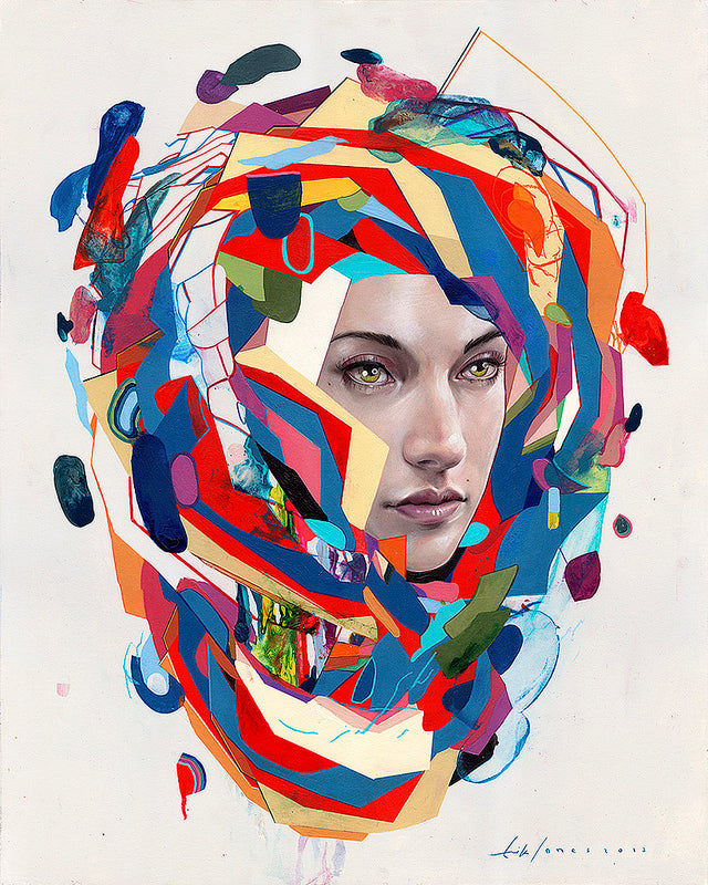 Erik Jones Float features a womans face framed by vibrant abstract shapes on Rives BFK paper, blending realism with surrealism. Bold splashes of red, blue, orange, and green create a dynamic and visually striking watercolor composition.