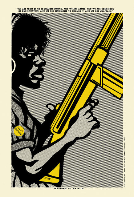 A stylized illustration of a person holding a large yellow firearm captures the bold style of revolutionary artist Emory Douglas. With silk screen print techniques using bold black lines and contrasting colors, it declares, We are from 25 to 30 million strong, and we are armed.